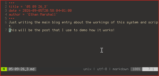 The view after running the vim command in ublog. You can see the frontmatter Hugo generated here.