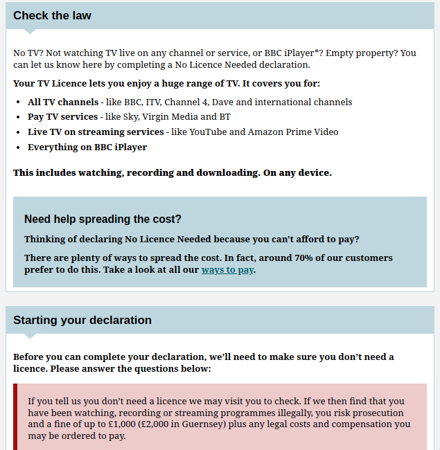 The declare no licence page